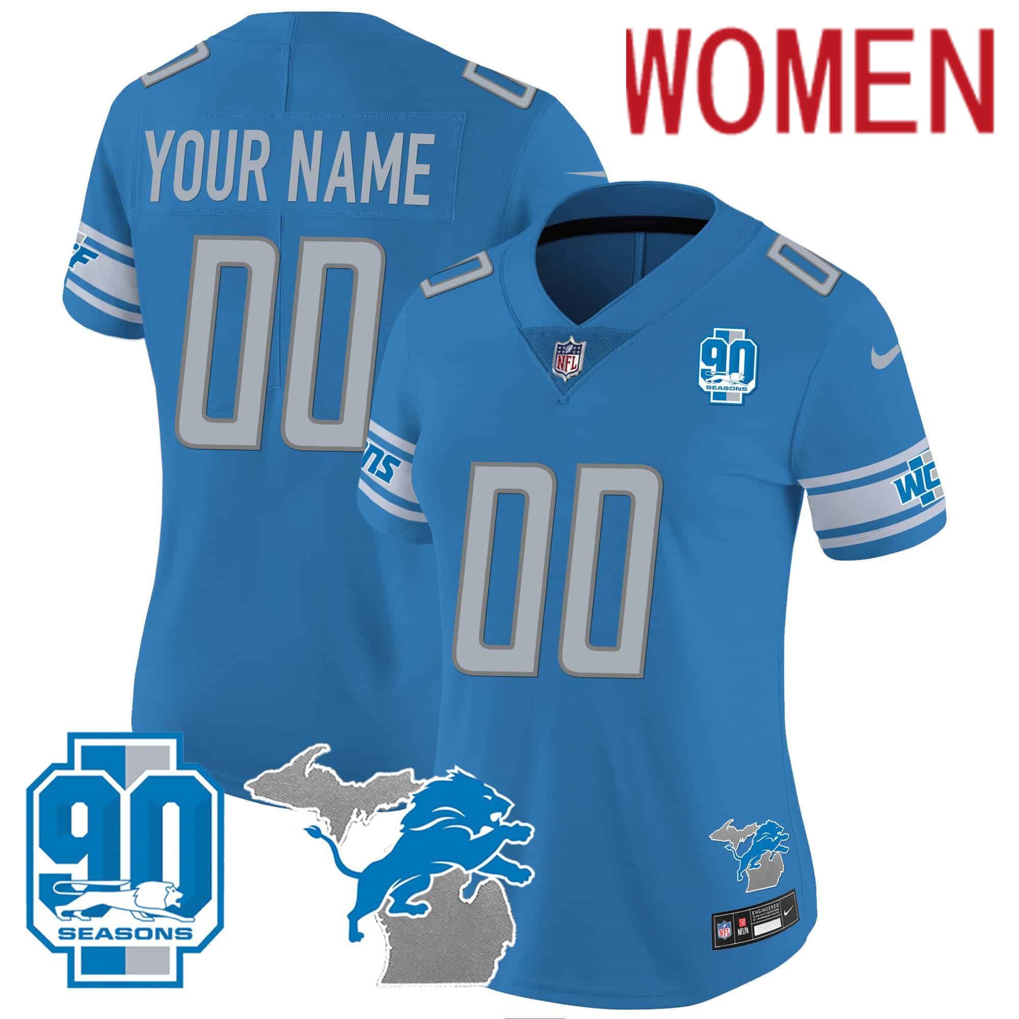 Women Detroit Lions Blue 2024 Nike 90th Year Michigan Patch Custom Vapor NFL Jersey style 1->customized nfl jersey->Custom Jersey